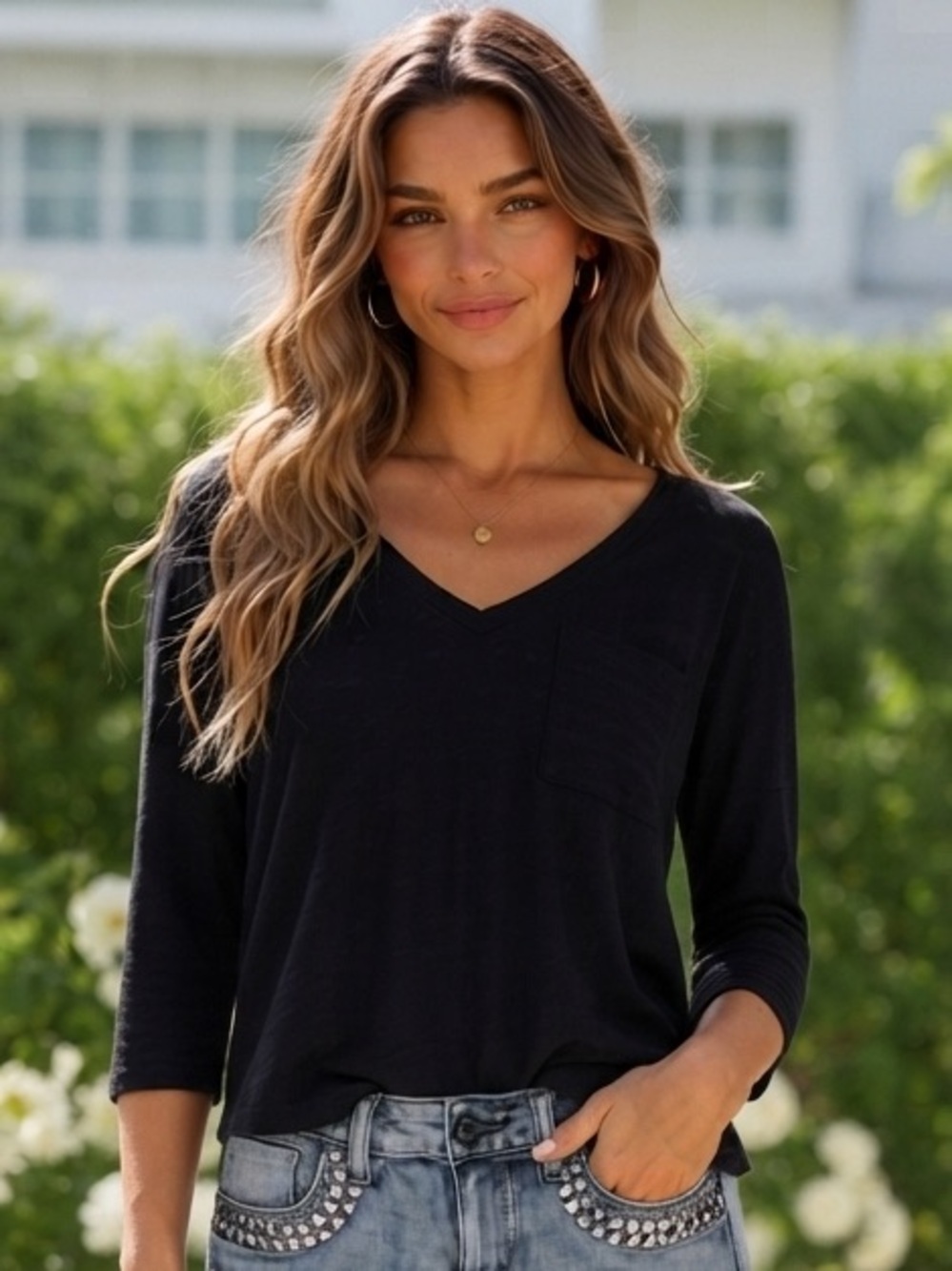 Status by Chenault Black Ribbed V-Neck Top